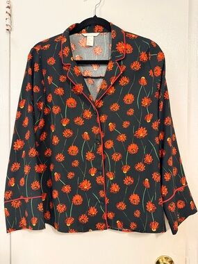 H&M Black Button-Down Top with Orange Floral Print